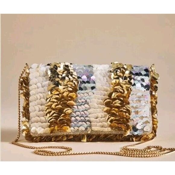 Anthropologie Sequined Crossbody Clutch, Neutral Colorway, Gold Chain | OS NWT - Picture 1 of 11